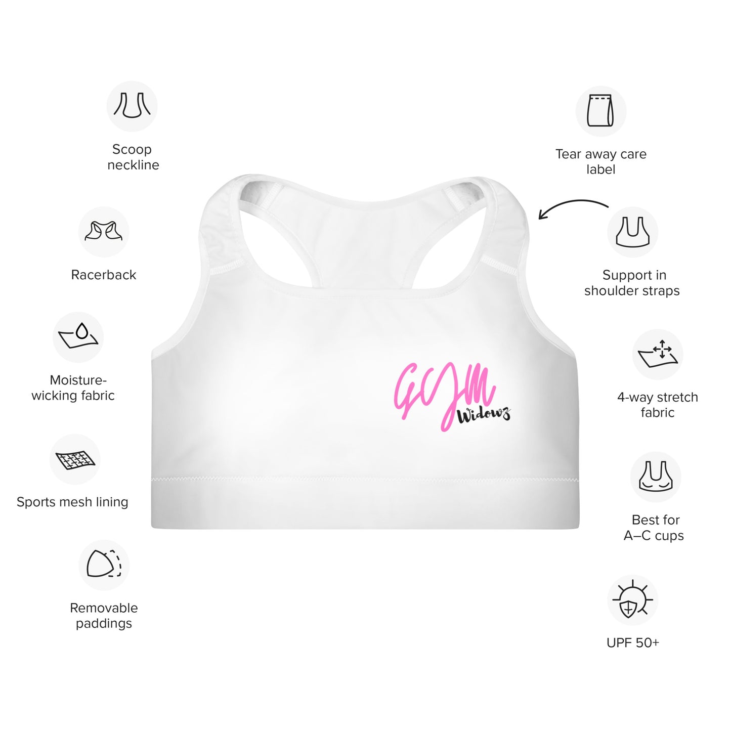 GymWidowz Padded Sports Bra - White