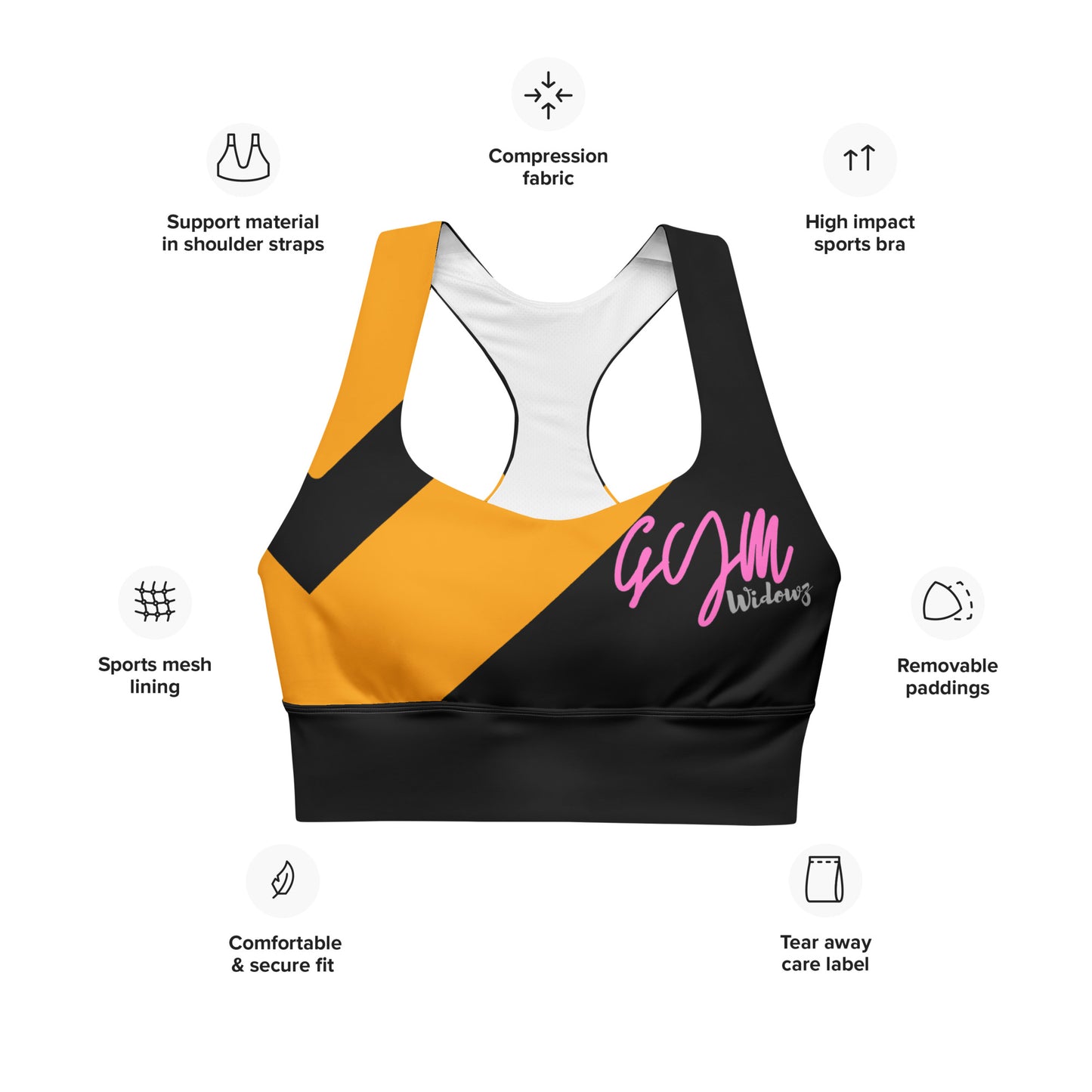 GymWidowz Longline sports bra - Abstract Black/Yellow