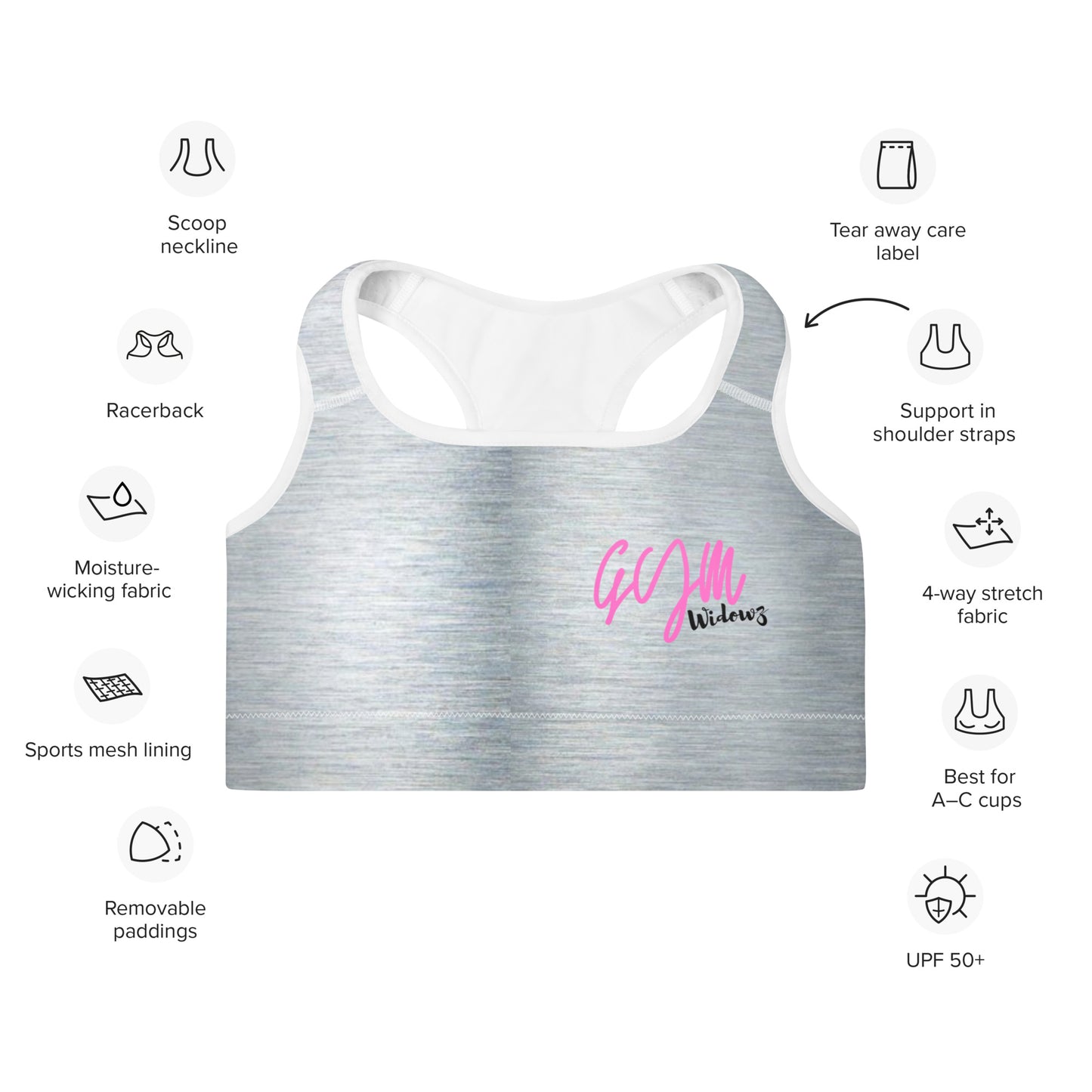 GymWidowz Padded Sports Bra - Brushed Alloy